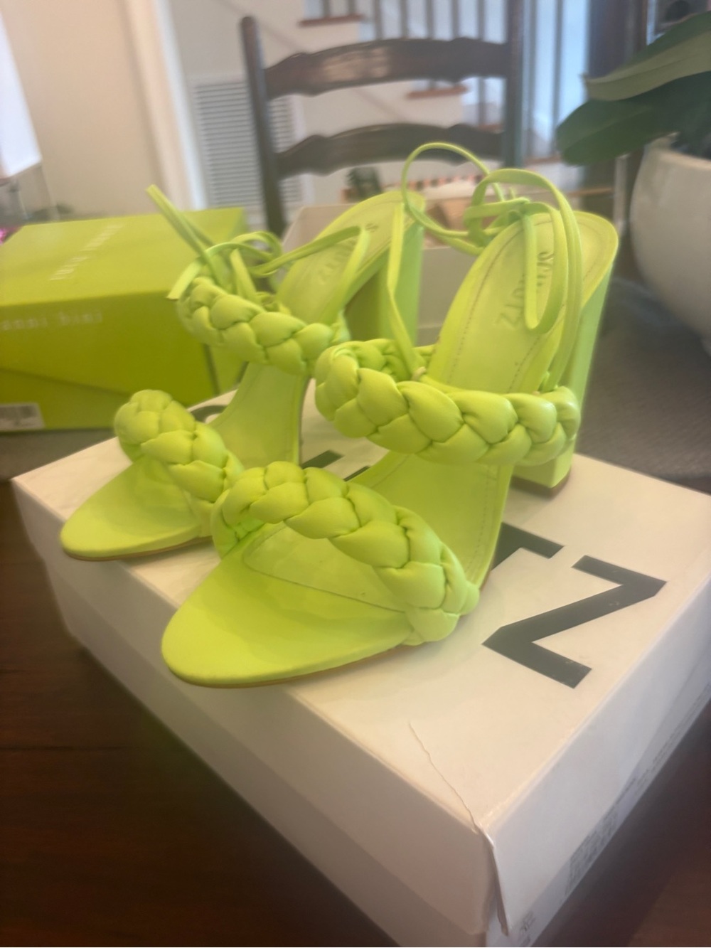 SCHUTZ Braided Strappy High-Heel Sandals in Neon Lime